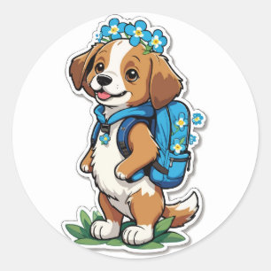 Sticker Rond Retour à l'école chiot - Un ami qui oublie-moi-pas