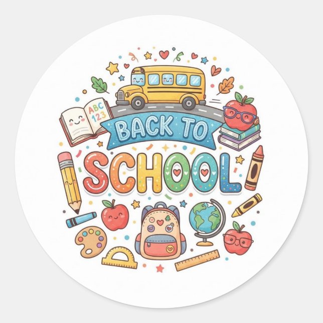 Sticker Rond Retour à l'école. Mignon. Coloré.  (Devant)