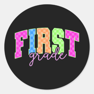 Sticker Rond Retour à l'école néon à carreaux première année co