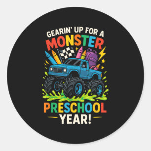 Sticker Rond Retour À L'École Préscolaire Camion Monster Avant-