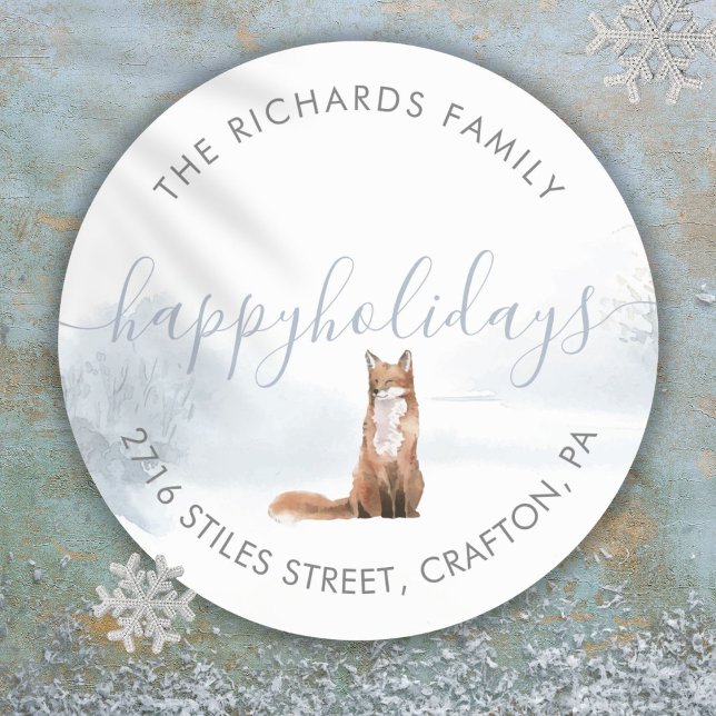 Sticker Rond Retour Adresse Joyeuses Vacances Renard d'hiver (Return Address Happy Holidays Winter Fox Classic Round Sticker)