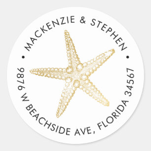Sticker Rond Retour Adresse Modern Gold Starfish Beach Mariage