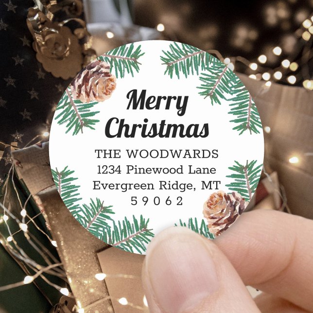 Sticker Rond Retour Adresse Noël Verdure et cônes de pin (Créateur téléchargé)