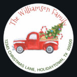 Sticker Rond Retour Adresse Vintage Red Truck Christmas Festive<br><div class="desc">Cet autocollant de Noël festif est parfait comme étiquette d'adresse de retour pour le dos des enveloppes correspondantes! Sticker dispose d'un camion roux rustique et votre nom et adresse de retour dans une amusante typographie rouge et verte lettrée main. Sticker peut être facilement personnalisé avec votre nom et adresse et...</div>