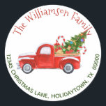 Sticker Rond Retour Adresse Vintage Red Truck Christmas Festive<br><div class="desc">Cet autocollant de Noël festif est parfait comme étiquette d'adresse de retour pour le dos des enveloppes correspondantes! Sticker dispose d'un camion roux rustique et votre nom et adresse de retour dans une amusante typographie rouge et verte lettrée main. Sticker peut être facilement personnalisé avec votre nom et adresse et...</div>