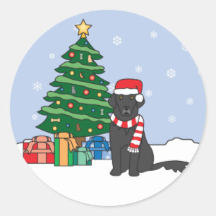 Sticker Rond Retriever à couche plate et sapin de Noël