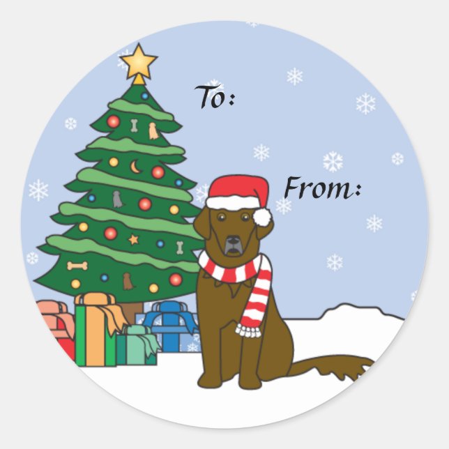 Sticker Rond Retriever à couche plate et sapin de Noël (Devant)