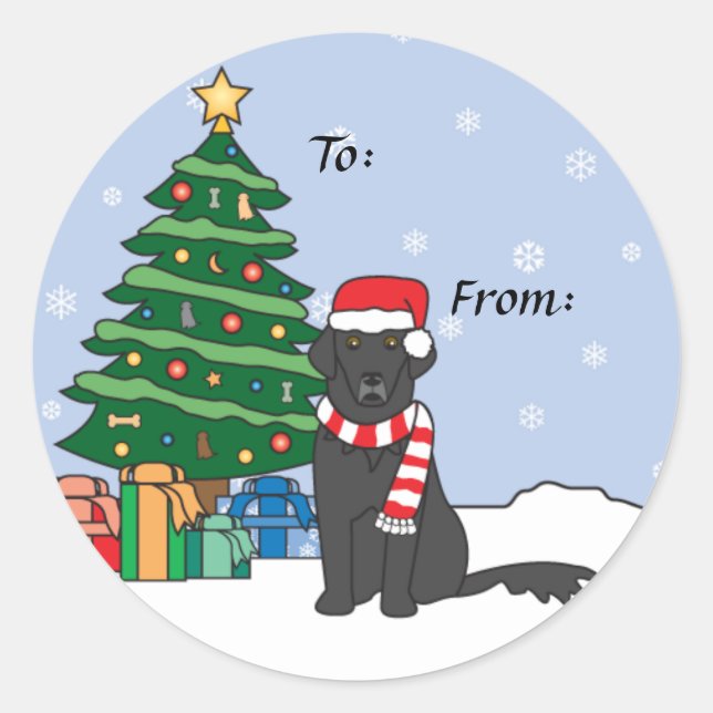 Sticker Rond Retriever à couche plate et sapin de Noël (Devant)