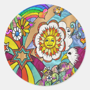Sticker Rond Retro 60s Psychedelic Sunshine Aigle Cadeaux