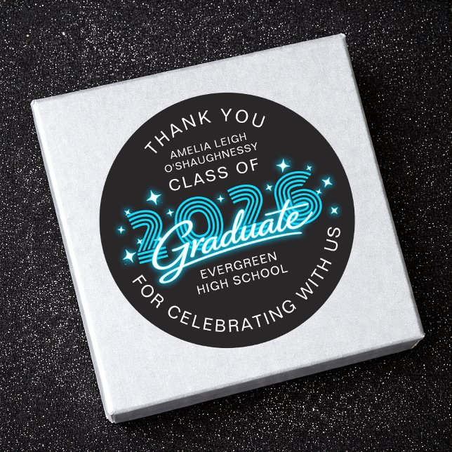 Sticker Rond Retro 80s Neon Blue Graduation Thank You (Créateur téléchargé)