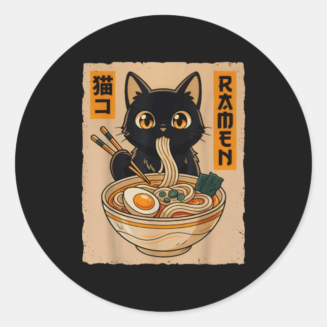 Sticker Rond Retro Anime Kawaii Black Cat Eating Ramen Noodles  (Devant)