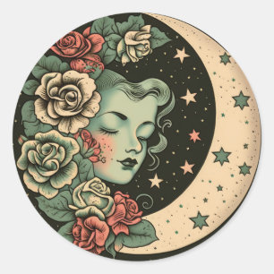 Sticker Rond Retro Art Déco Green Crescent Lady Lune Lune