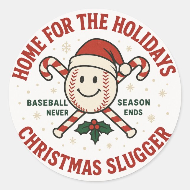Sticker Rond Retro Baseball Christmas "Home for the Holidays"  (Devant)
