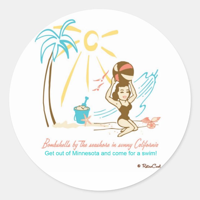 Sticker Rond Retro "Beach Bombshell" (Devant)