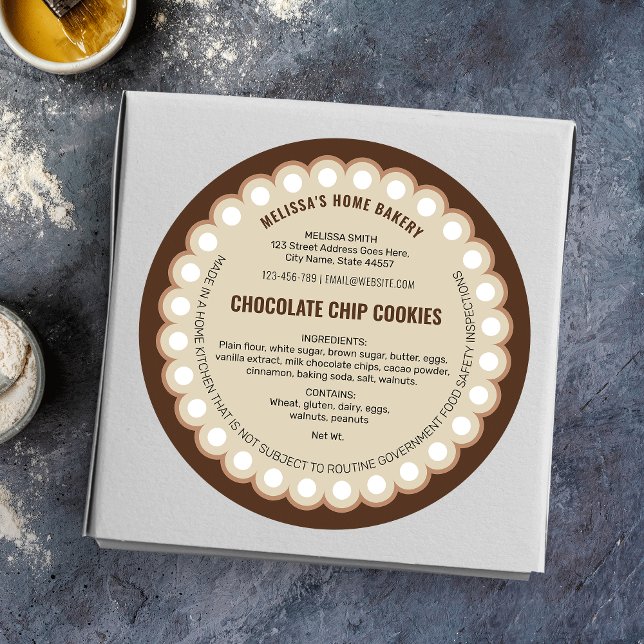 Sticker Rond Retro Beige Cookies Boulangerie Emballage Droit de (Neutral cream and brown food license labels for home bakers featuring fully editable text + colors)