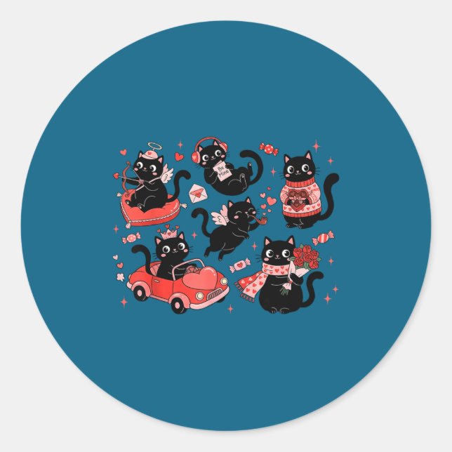 Sticker Rond Retro Black Cat Heart Valentines Day Cute Kitten L (Devant)