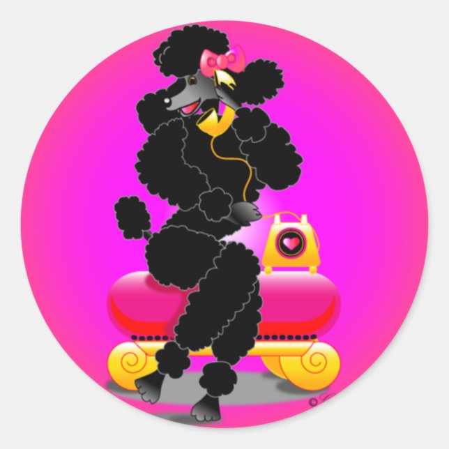 Sticker Rond Retro Black Poodle sur téléphone (Devant)