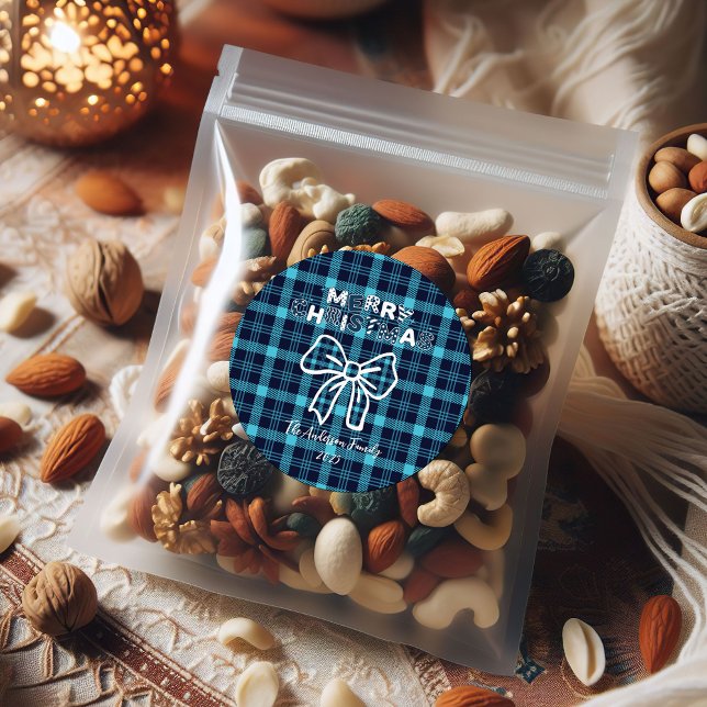 Sticker Rond Retro Blue Plaid Whimsical Christmas  (Créateur téléchargé)