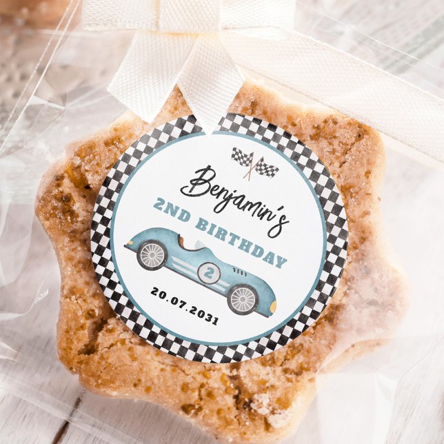Sticker Rond Retro Blue Race Car Two Fast Boy 2e anniversaire (Créateur téléchargé)