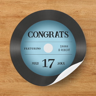 Sticker Rond Retro Blue Vinyl Record Mariage félicitations