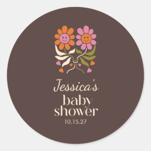 Sticker Rond Retro Boho Brown Fleur Baby shower Super Personnal