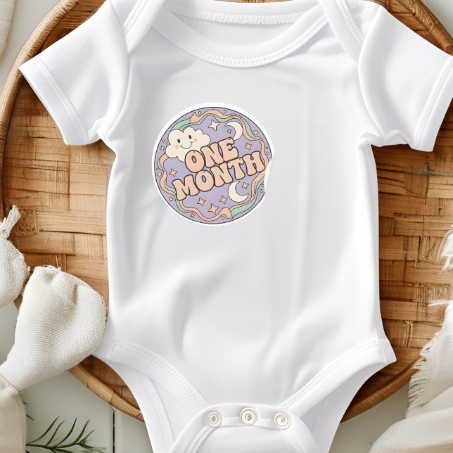 Sticker Rond Retro Boho Cloud Baby One Month Milestone (Créateur téléchargé)