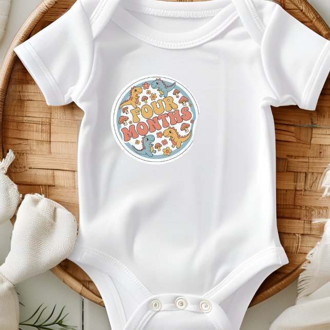 Sticker Rond Retro Boho Dinosaur Baby Four Months Milestone (Créateur téléchargé)