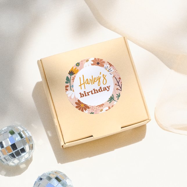 Sticker Rond Retro Boho Fleur sauvage Fête d'anniversaire fille (Créateur téléchargé)