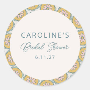 Sticker Rond Retro Boho Fleurs Jaune Personnalisé Bridal Shower