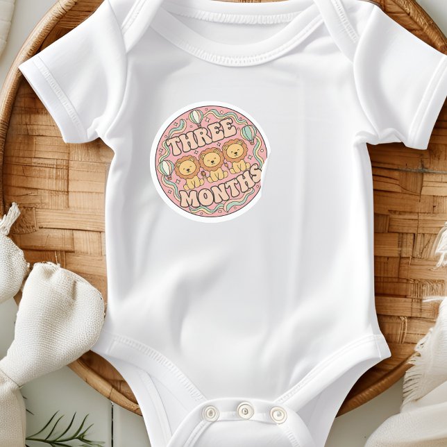 Sticker Rond Retro Boho Lion Trio Baby Three Months Milestone (Créateur téléchargé)