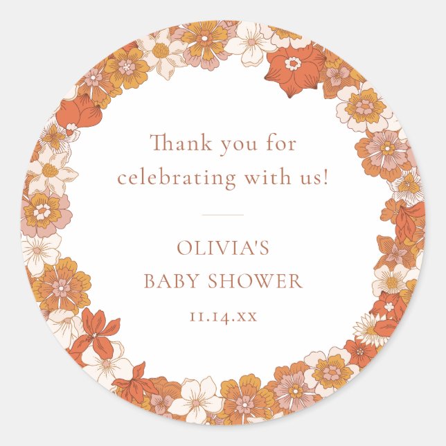 Sticker Rond Retro Boho Orange Floral Baby Shower Thank You (Devant)