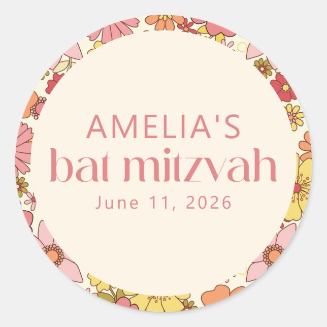 Sticker Rond Retro Boho rose Floral Super Bat mitzvah personnal (Devant)
