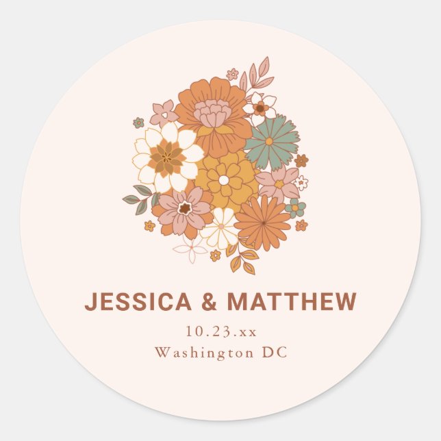 Sticker Rond Retro Boho Terracotta Floral Custom Names Wedding  (Devant)