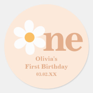 Sticker Rond Rétro Boho Un Premier Anniversaire de Marguerite