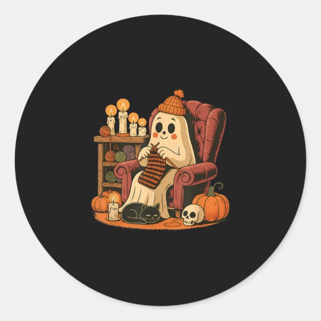 Sticker Rond Retro Boo Ghost Fil Crochet Tricot Halloween So So (Devant)