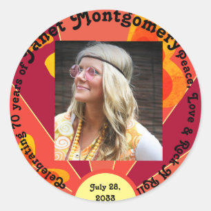 Sticker Rond Retro Boomer Hippy Sunrise Photo Anniversaire