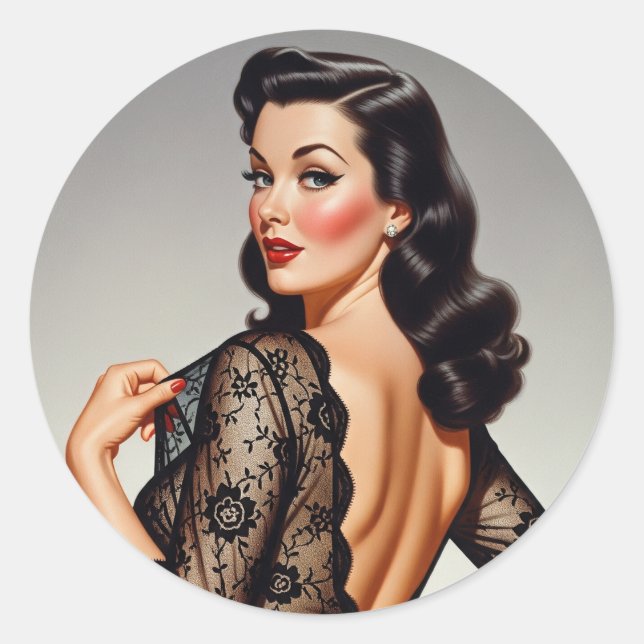 Sticker Rond Retro Brunette Pin-up Girl 50's Glamour Style (Devant)