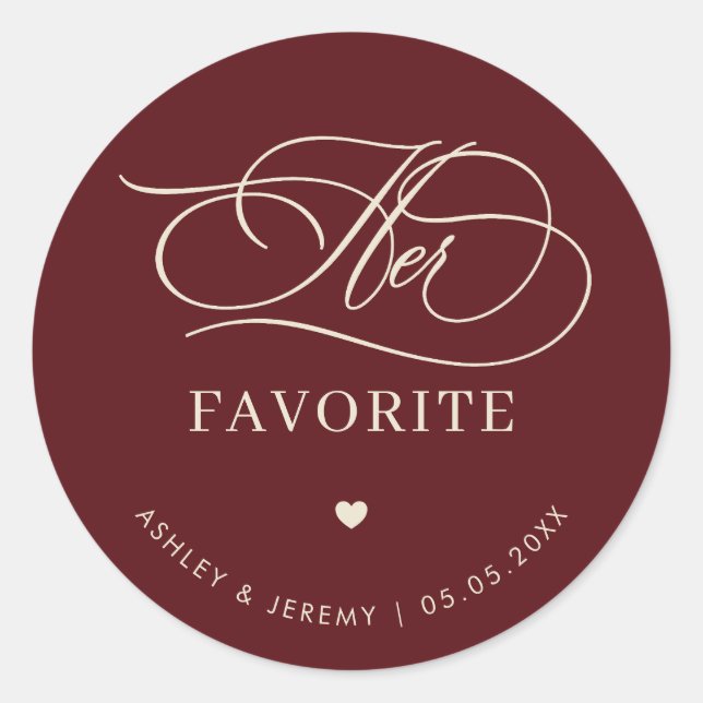 Sticker Rond Retro Burgundy Ivory Her Favorite Wedding Favor   (Devant)