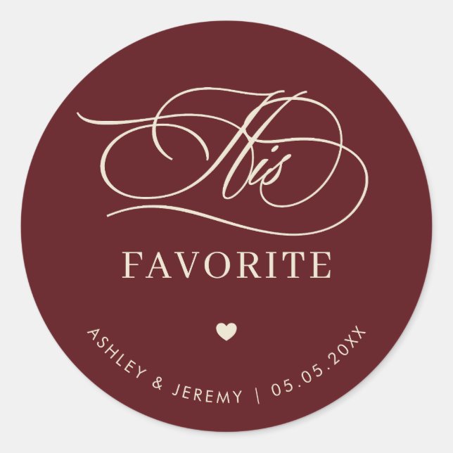 Sticker Rond Retro Burgundy Ivory His Favorite Wedding Favor   (Devant)