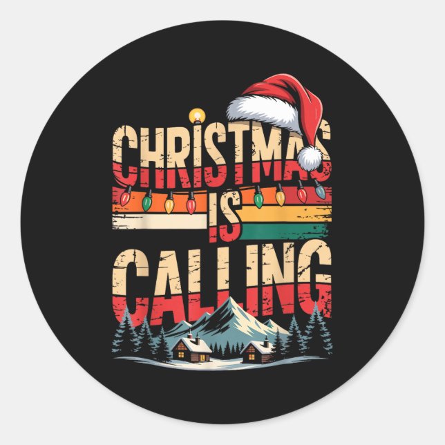 Sticker Rond Retro Cabin Snowy Christmas Calling Lights Holiday (Devant)