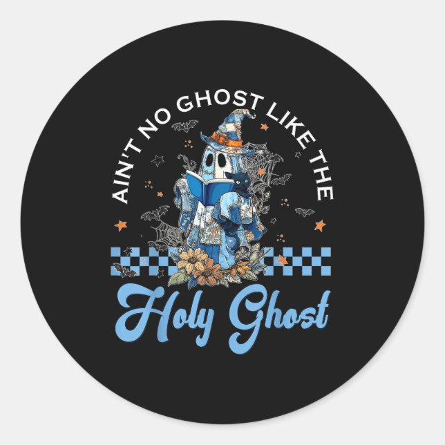 Sticker Rond Retro Checkered Floral Denim Ghost Black Cat Witch (Devant)