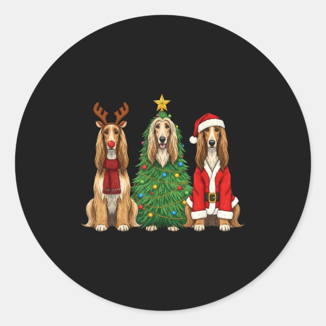 Sticker Rond Retro Christmas Afghan Hound Santa Reindeer Dog Lo (Devant)