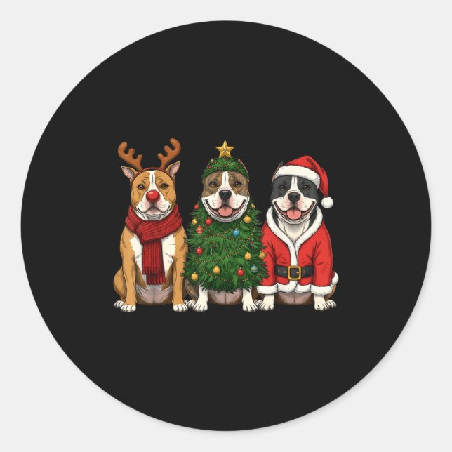 Sticker Rond Retro Christmas American Bully Santa Reindeer Dog  (Devant)