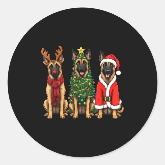 Sticker Rond Retro Christmas Belgian Malinois Santa Reindeer Do (Devant)