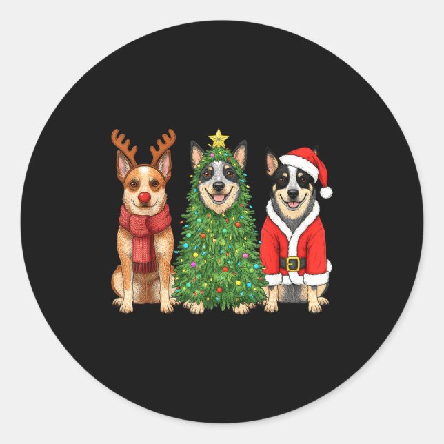 Sticker Rond Retro Christmas Blue Heeler Santa Reindeer Dog Lov (Devant)
