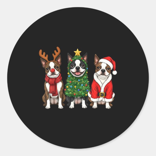 Sticker Rond Retro Christmas Boston Terrier Santa Reindeer Dog  (Devant)