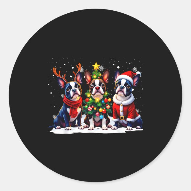 Sticker Rond Retro Christmas Boston Terrier Santa Reindeer Dog  (Devant)