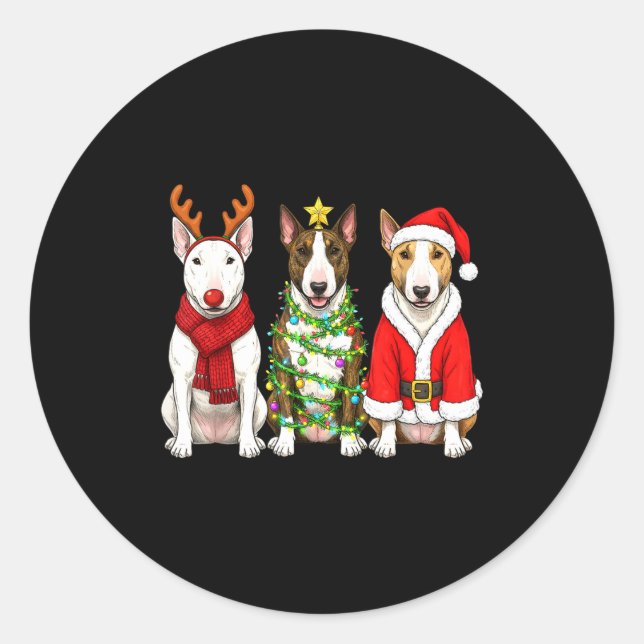 Sticker Rond Retro Christmas Bull Terrier Santa Reindeer Dog Lo (Devant)