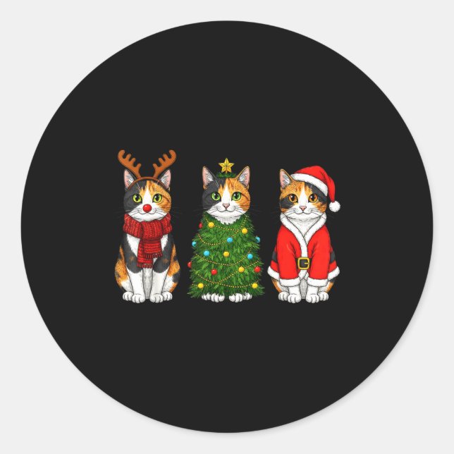 Sticker Rond Retro Christmas Calico Cat Santa Reindeer  (Devant)