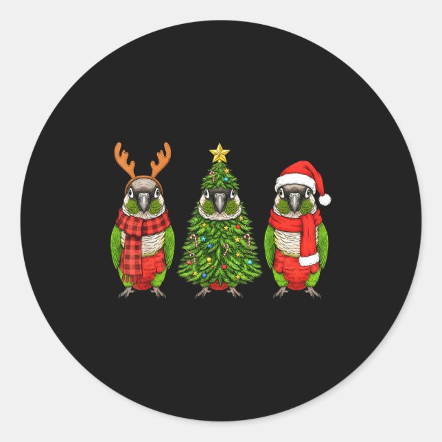 Sticker Rond Retro Christmas Green Cheek Conure Parrot Santa Re (Devant)